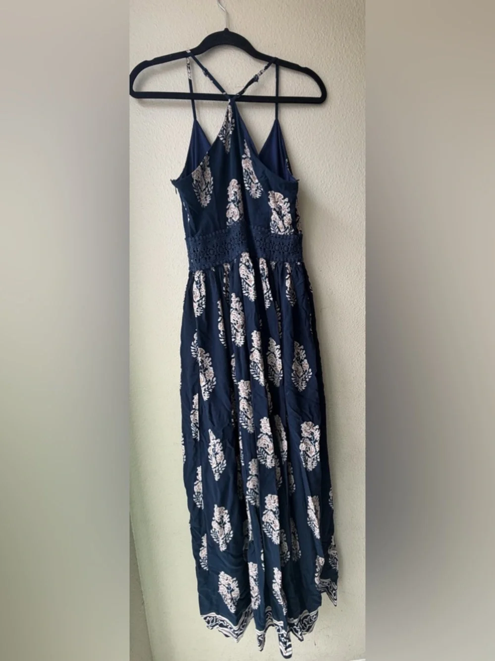 Navy Floral Maxi Crochet Waistband L Long Length Summer Dress Adjustable Straps - Picture 5 of 14